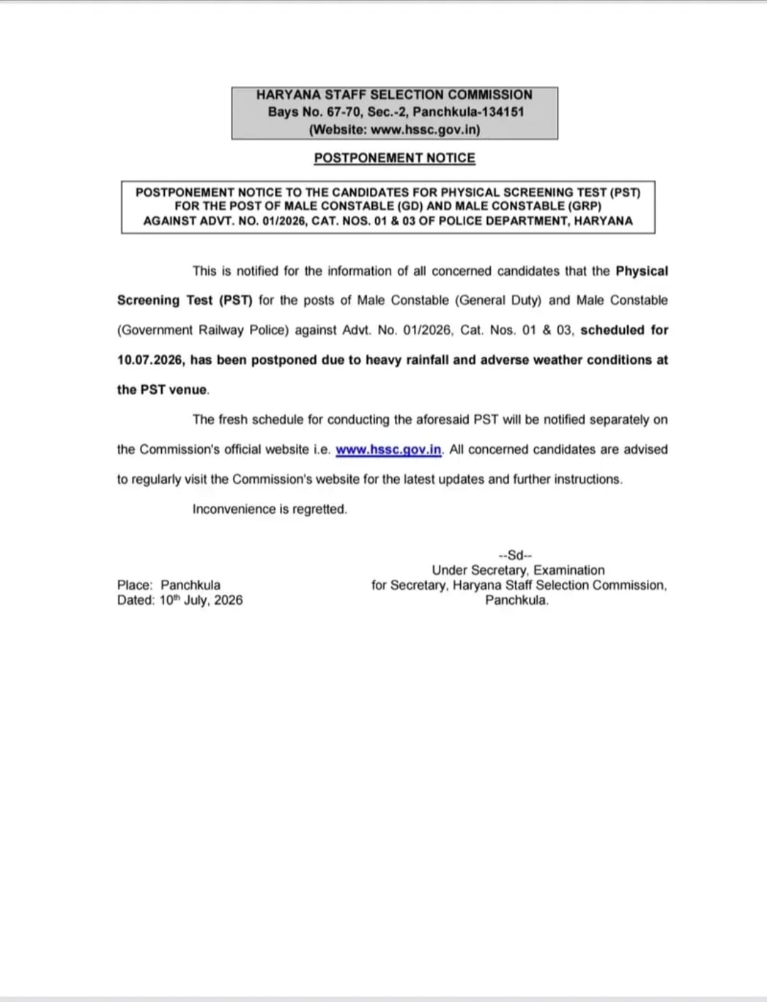 Haryana Police Constable Physical Test 2026 Postponed Notice Out, Check Details