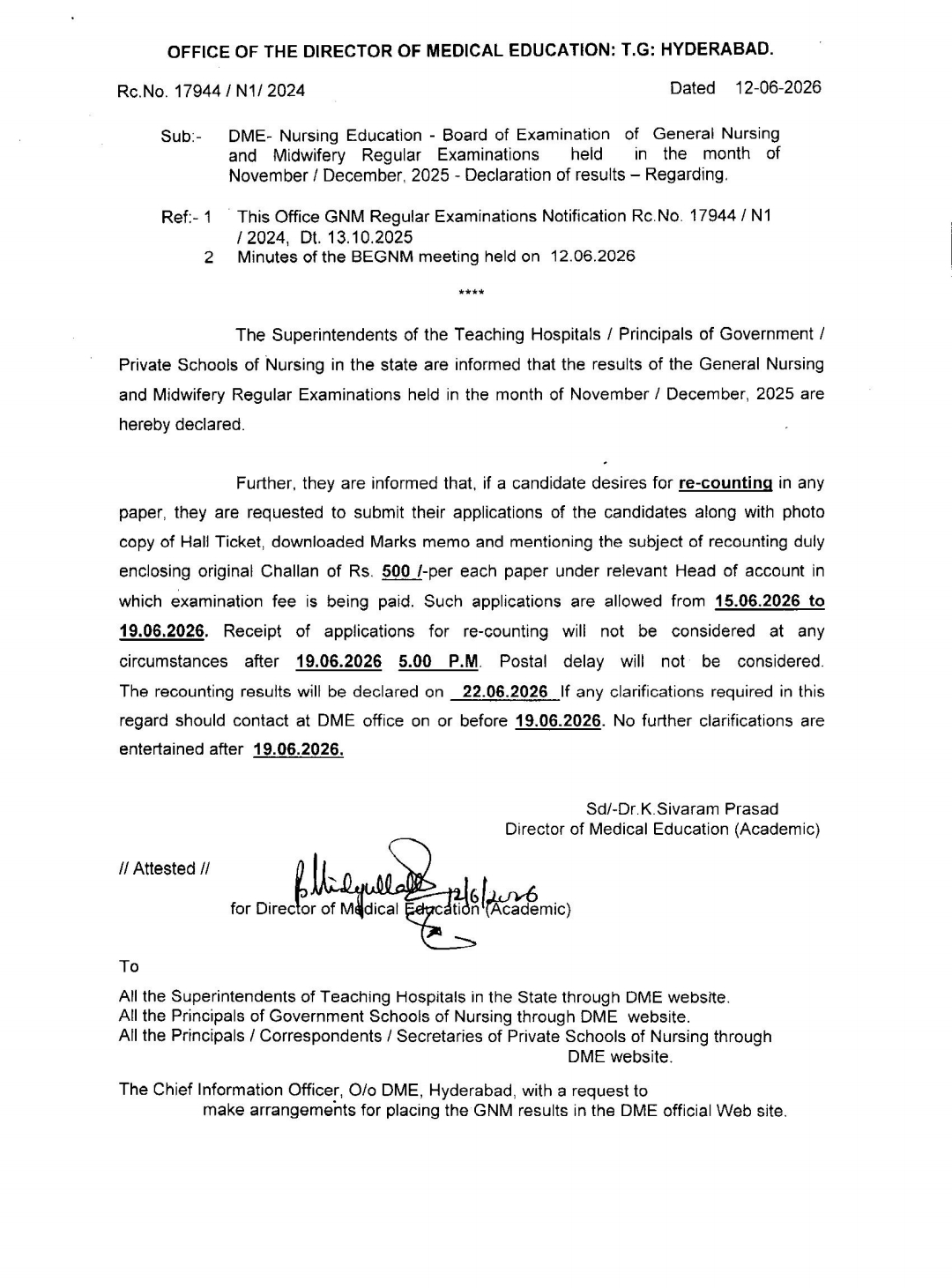 DME Telangana GNM Re-counting Schedule 2026