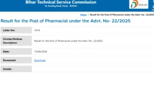 BTSC Pharmacist Result 2026