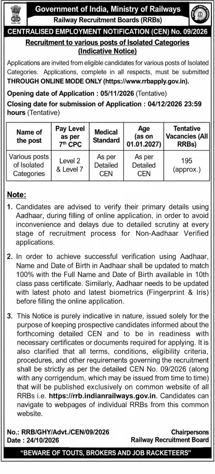 RRB Isolated Category Recruitment 2026