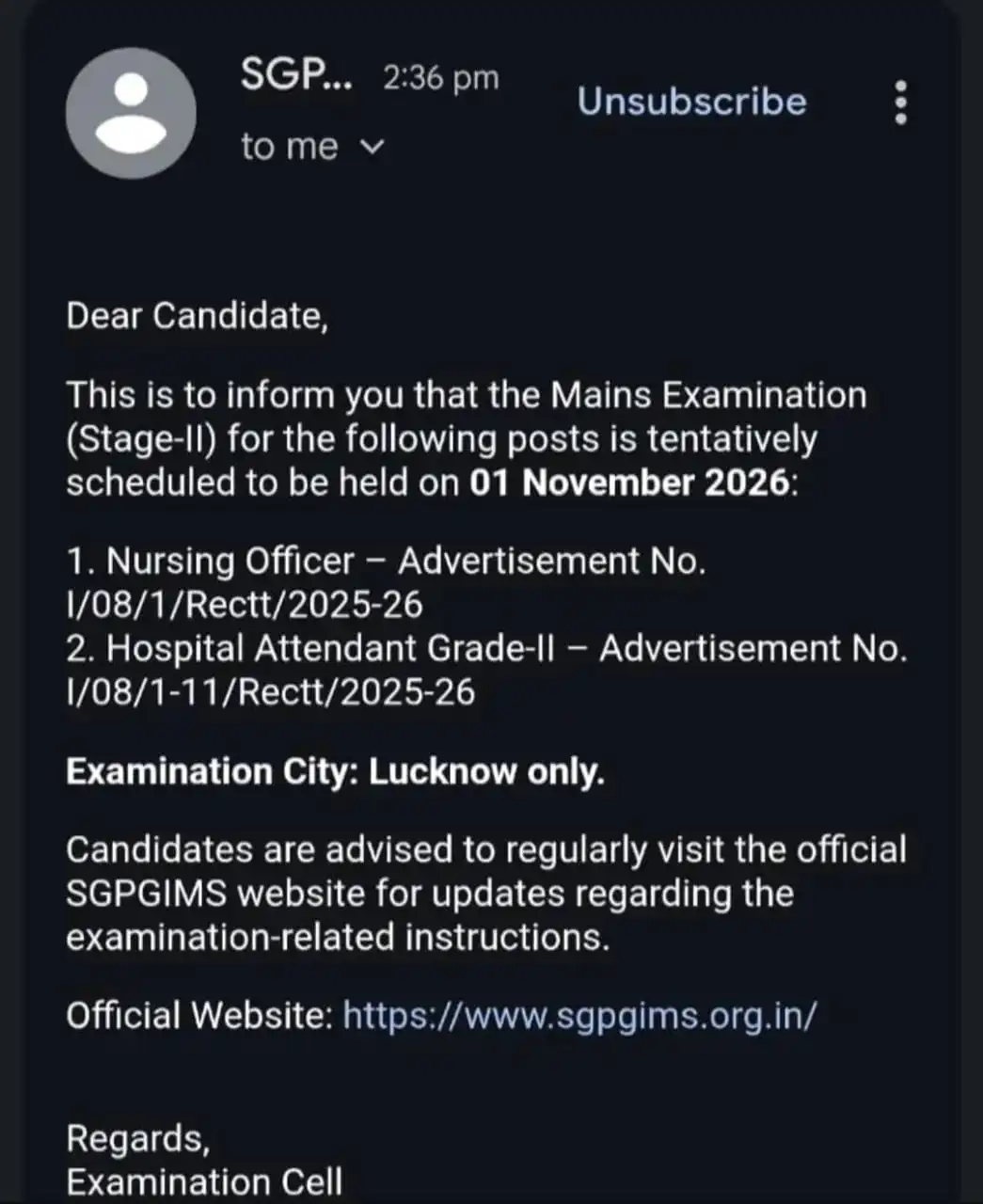 SGPGI Nursing Officer Stage-2 Exam Date 2026