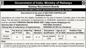 RRB Section Controller Notification 2026