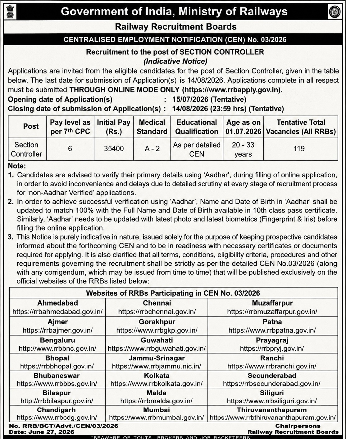 RRB Section Controller Notification 2026