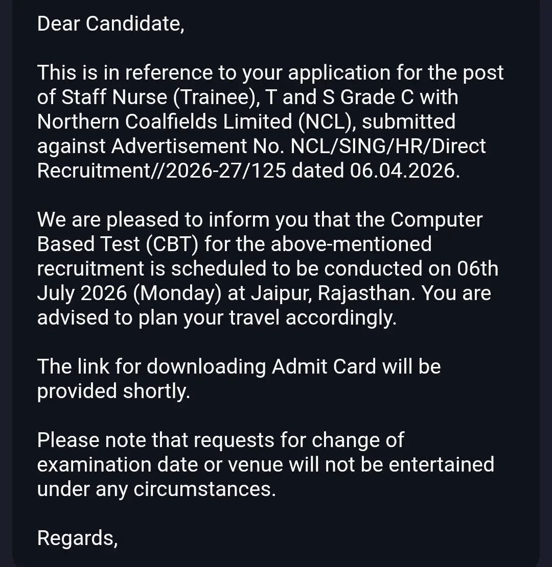 NCL Staff Nurse City Intimation Slip 2026