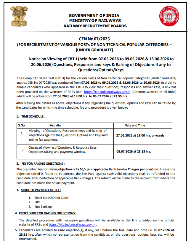 RRB NTPC Undergraduate Answer Key 2026 Notice Out, Download CEN 07/2025 Response Sheet PDF_2.1