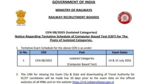 RRB Isolated Categories Exam Date 2026