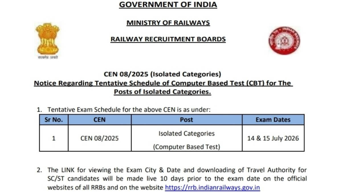 RRB Isolated Categories Exam Date 2026