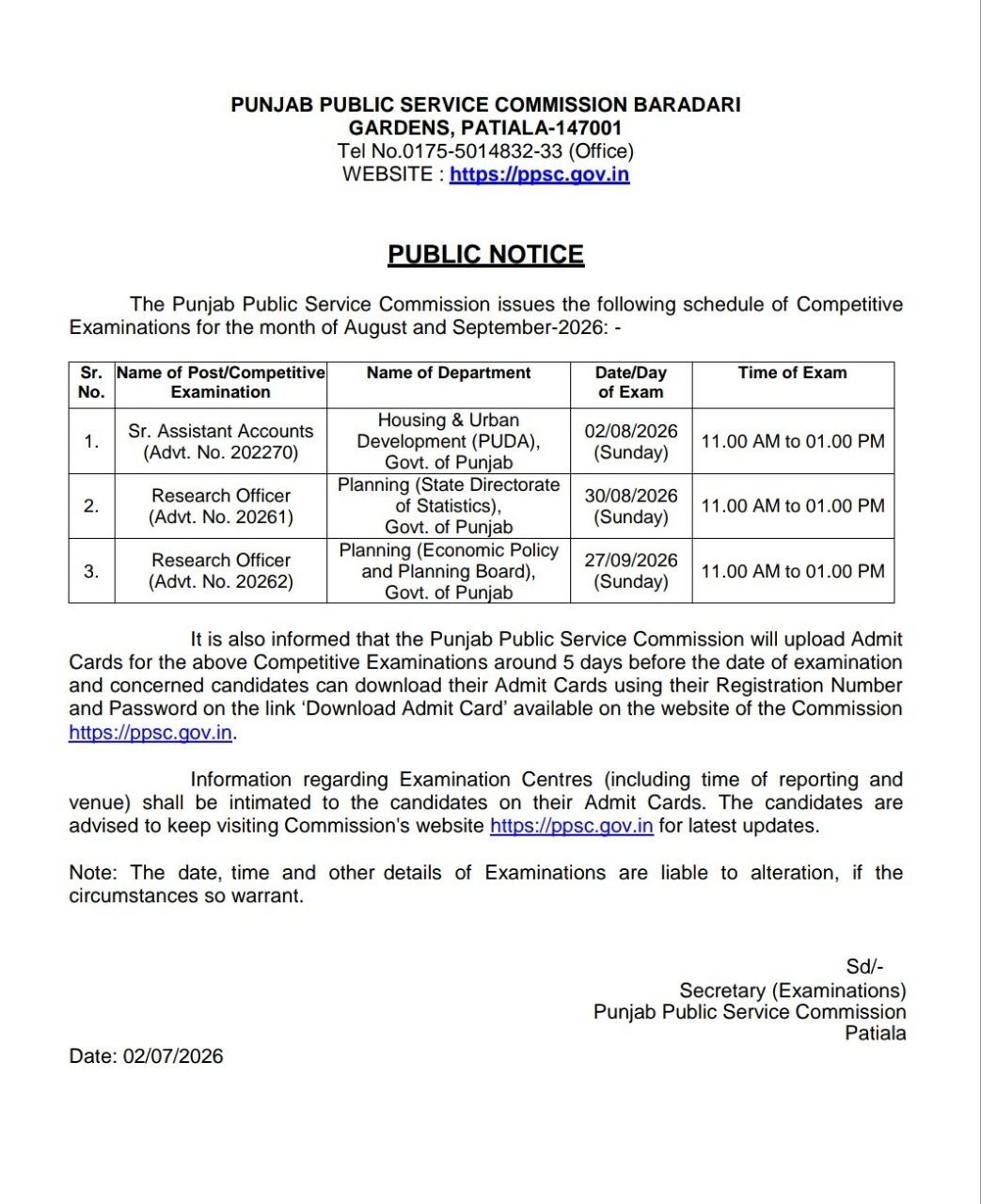 PPSC Exam Dates 2026 Out For Various Posts, Check Exam Schedule Details_2.1