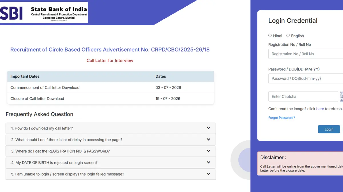 SBI CBO Interview Call Letter 2026