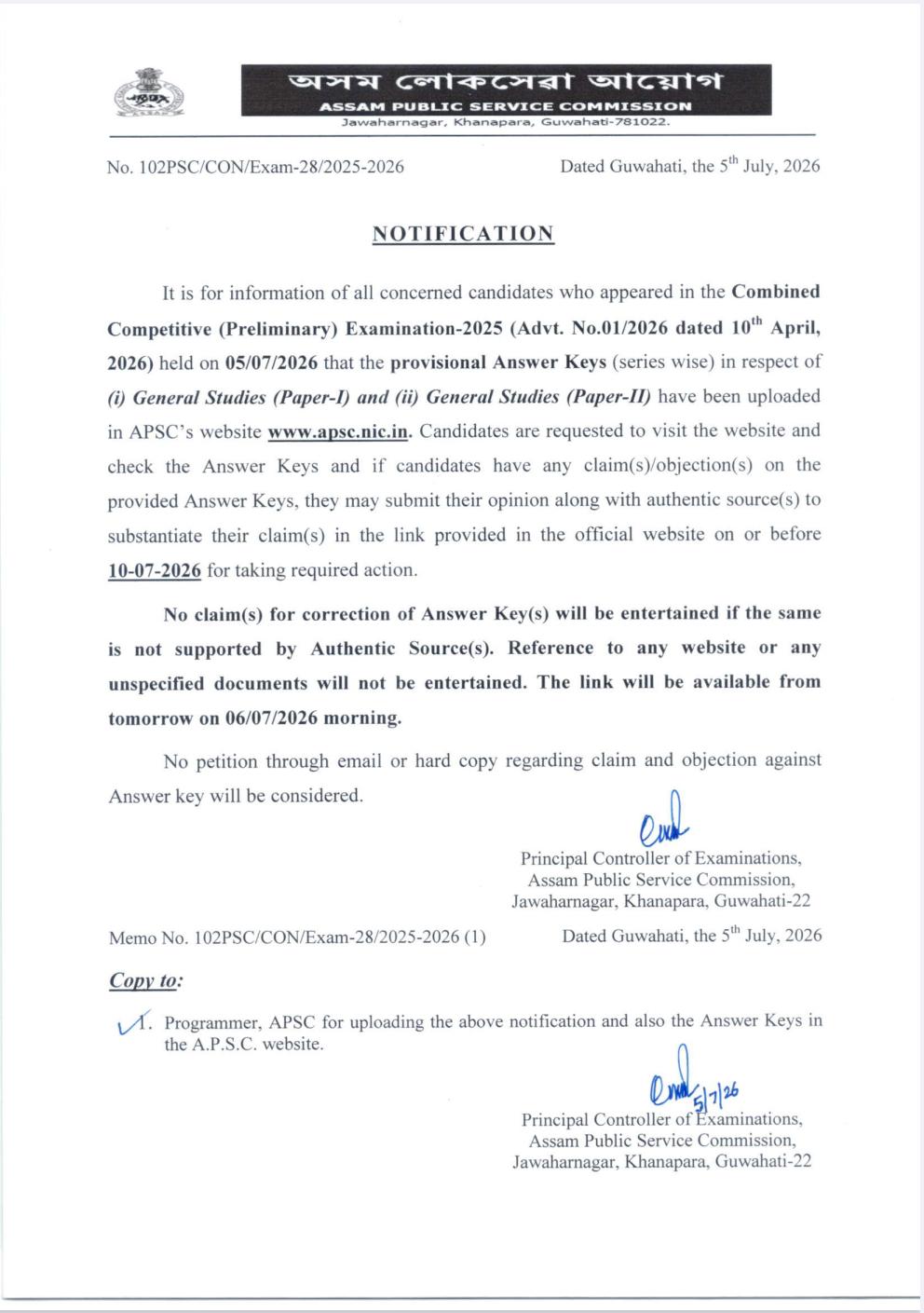 Official Notice for APSC CCE 2026 Answer Key