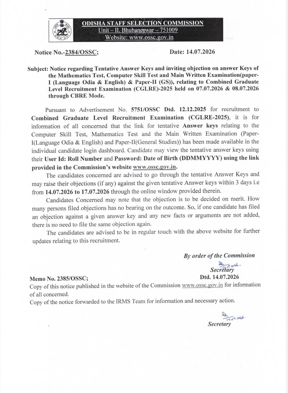 OSSC CGL Answer Key notice 2026