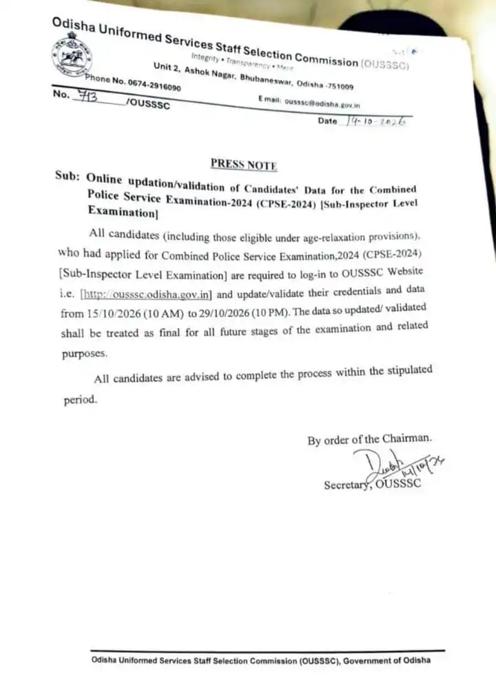 Odisha Police SI Exam Date 2026
