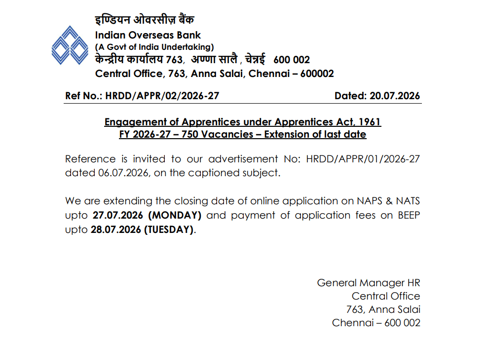 Indian Overseas Bank Apprentice Recruitment 2026 Out for 750 Posts, Today is Last Date To Apply_2.1