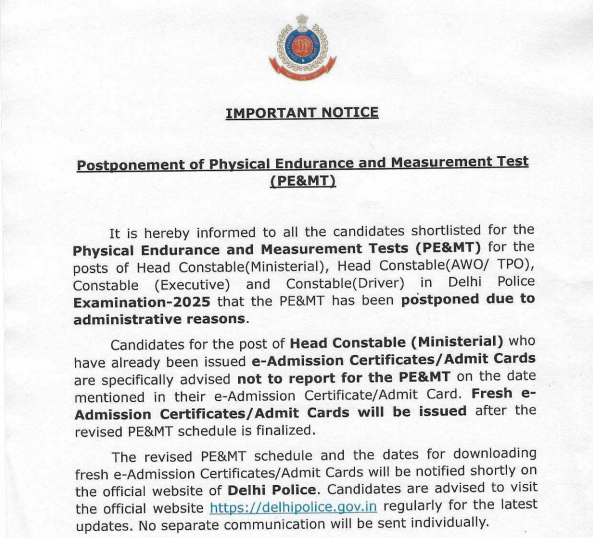 Delhi Police Physical Test 2026 Postponement Notice