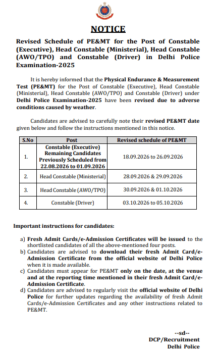 Delhi Police Physical Test Dates 2026 Out for All Posts, Check Official Notice_2.1