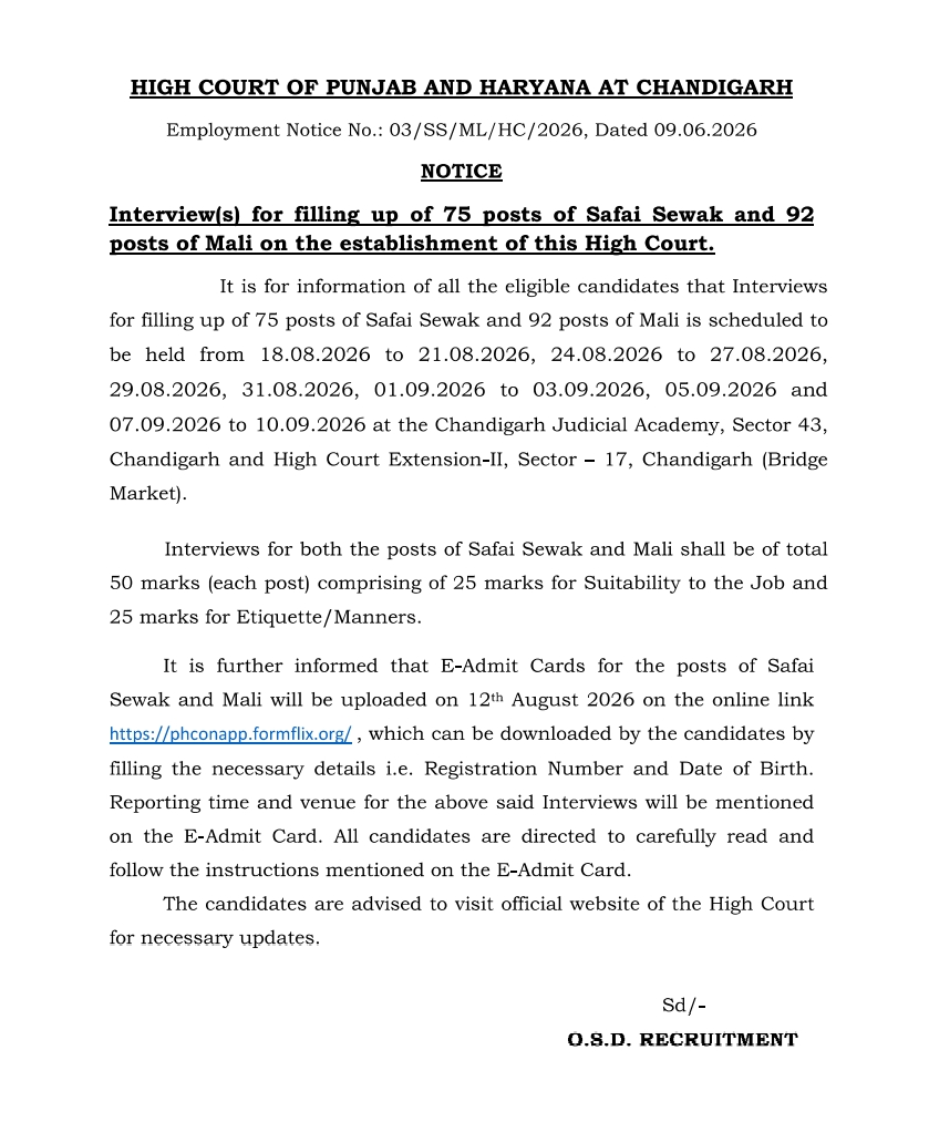 Punjab And Haryana High Court Safai Sewak Interview 2026 Dates Out, Check Official Notice_2.1