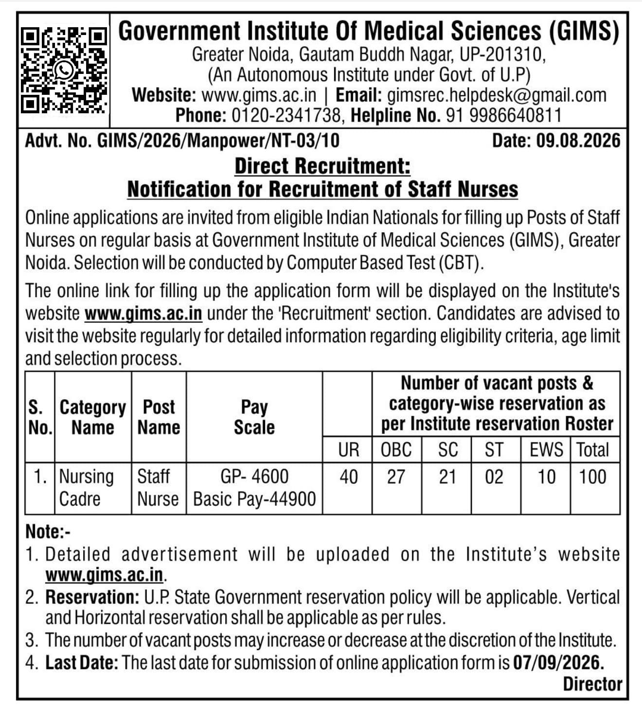 GIMS Staff Nurse Recruitment 2026 Notification Out