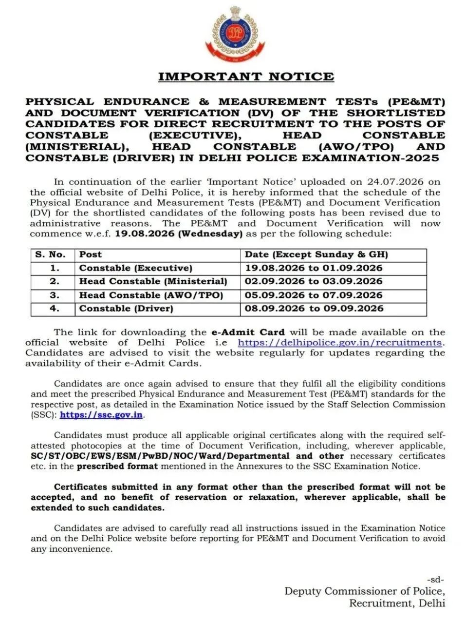 Delhi Police Physical Test Dates 2026