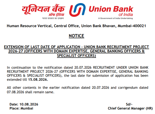 Union Bank SO application deadline extension