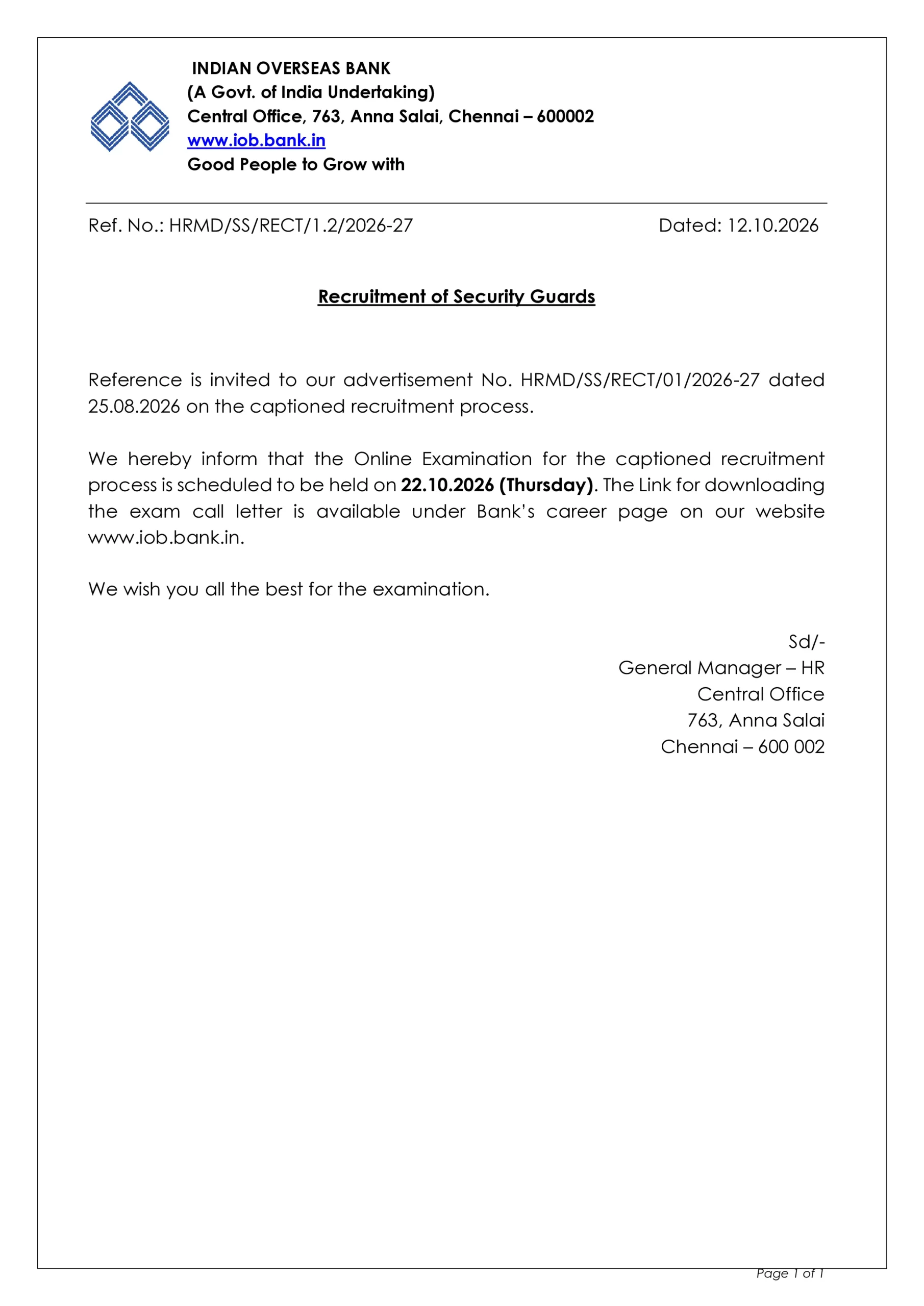 IOB Exam Date 2026