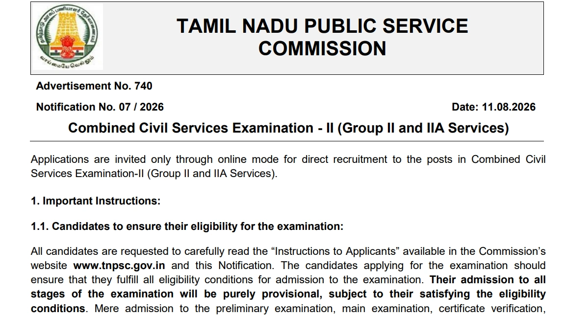 TNPSC Group 2 Exam Notification 2026