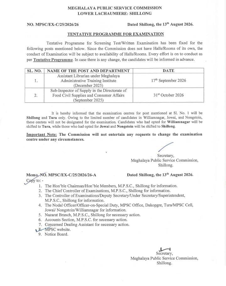 MPSC Meghalaya Exam Date 2026 Out, Check Assistant Librarian & Sub-Inspector Exam Dates_2.1