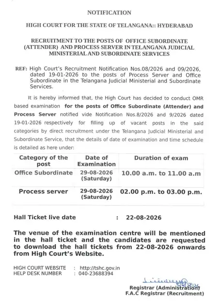 Telangana High Court Office Subordinate and Process Server Exam Date 2026 Official Notice