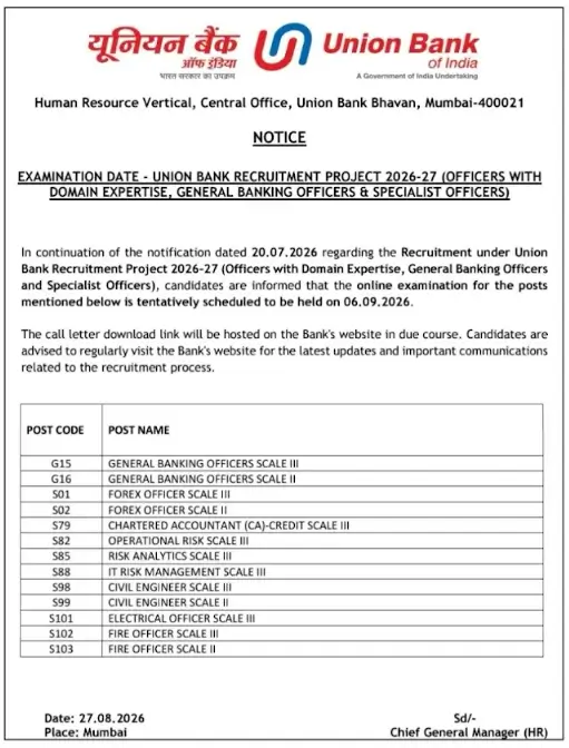 Union Bank SO Exam Date 2026 Out For 395 Posts, Exam Schedule_2.1