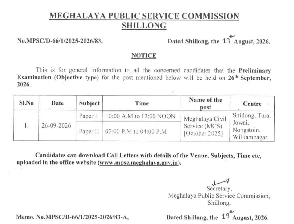 Meghalaya PSC Exam Date 2026