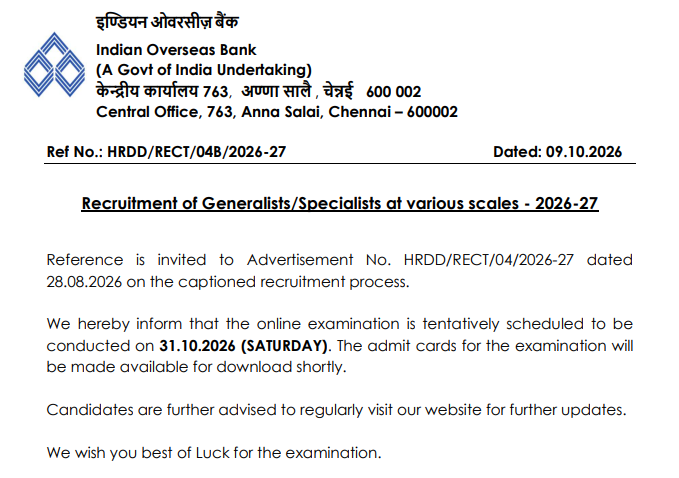 Indian Overseas Bank SO Exam Date 2026
