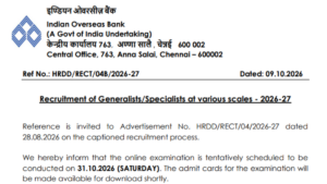 Indian Overseas Bank SO Exam Date 2026