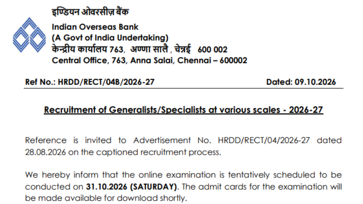 Indian Overseas Bank SO Exam Date 2026