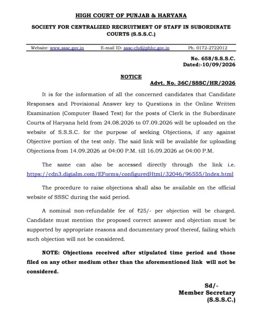 Haryana Court Clerk Answer Key 2026 