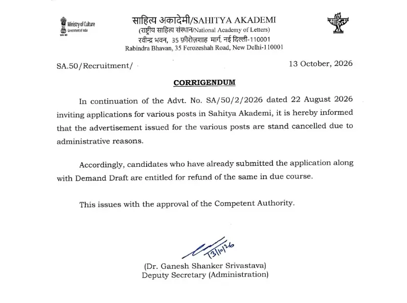 Sahitya Akademi Recruitment 2026 Cancellation Notice