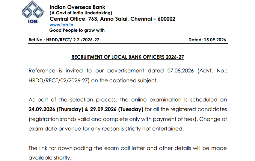 IOB Local Bank Officer Exam Date 2026 Out, Check Exam Schedule_2.1