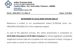 IOB Local Bank Officer Exam Date 2026