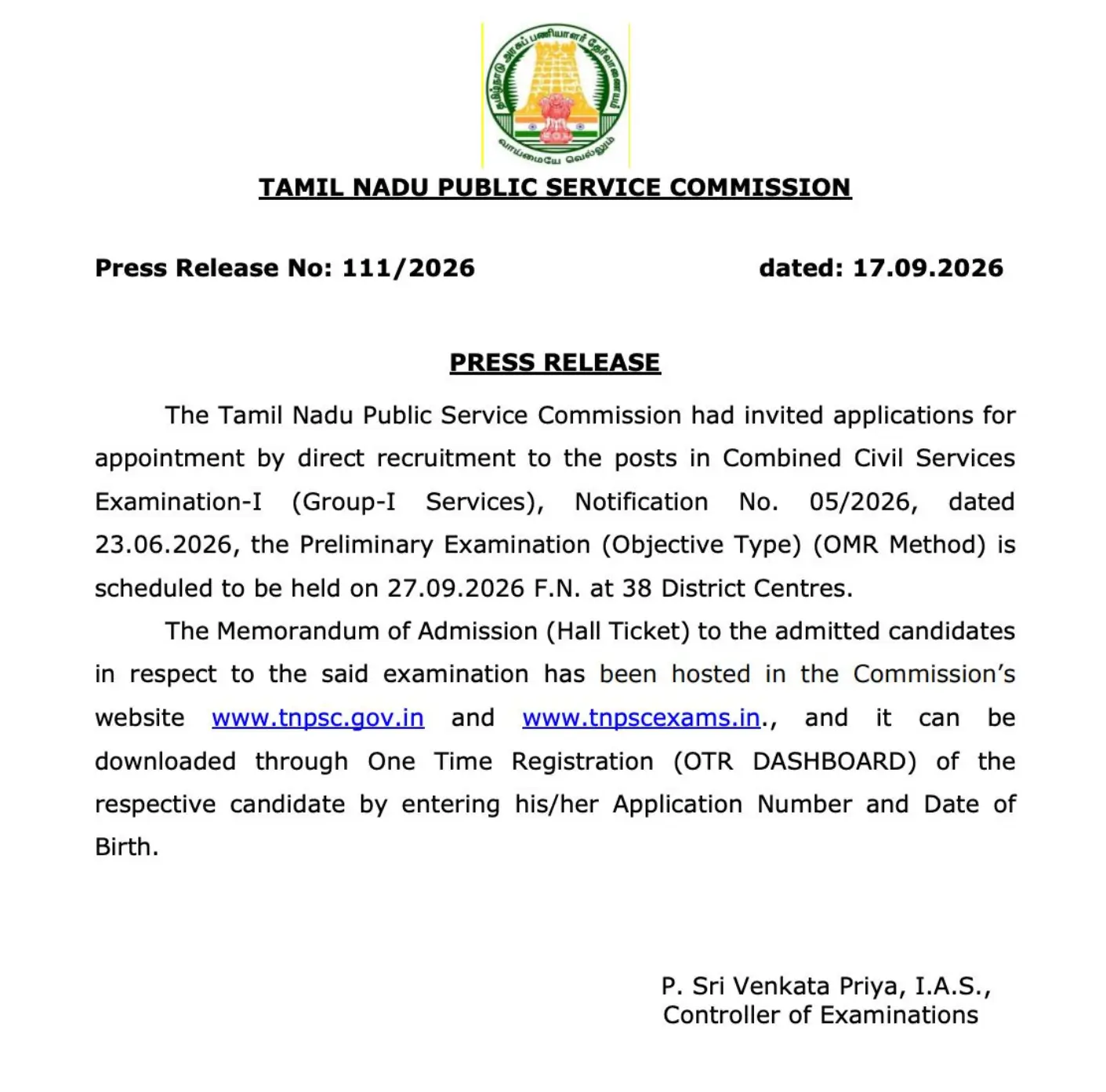TNPSC Group 1 Hall Ticket