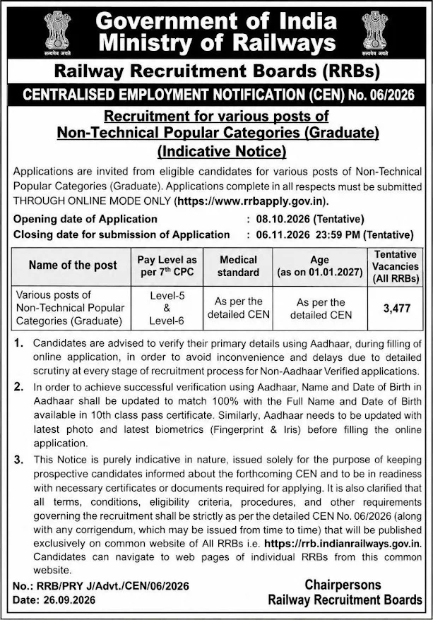 RRB NTPC Notification 2026 Out, CEN 06/2026 and 07/2026 Application Dates_2.1
