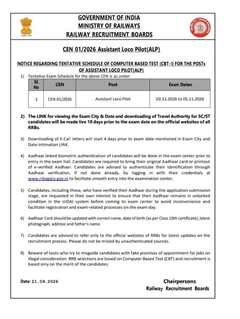RRB ALP CBT 1 Exam Date 2026 Out