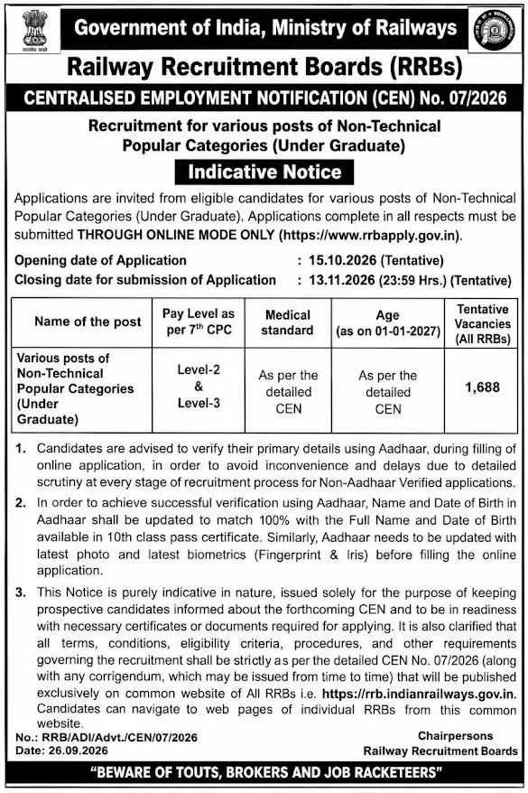 RRB NTPC Notification 2026 Out, CEN 06/2026 and 07/2026 Application Dates_3.1