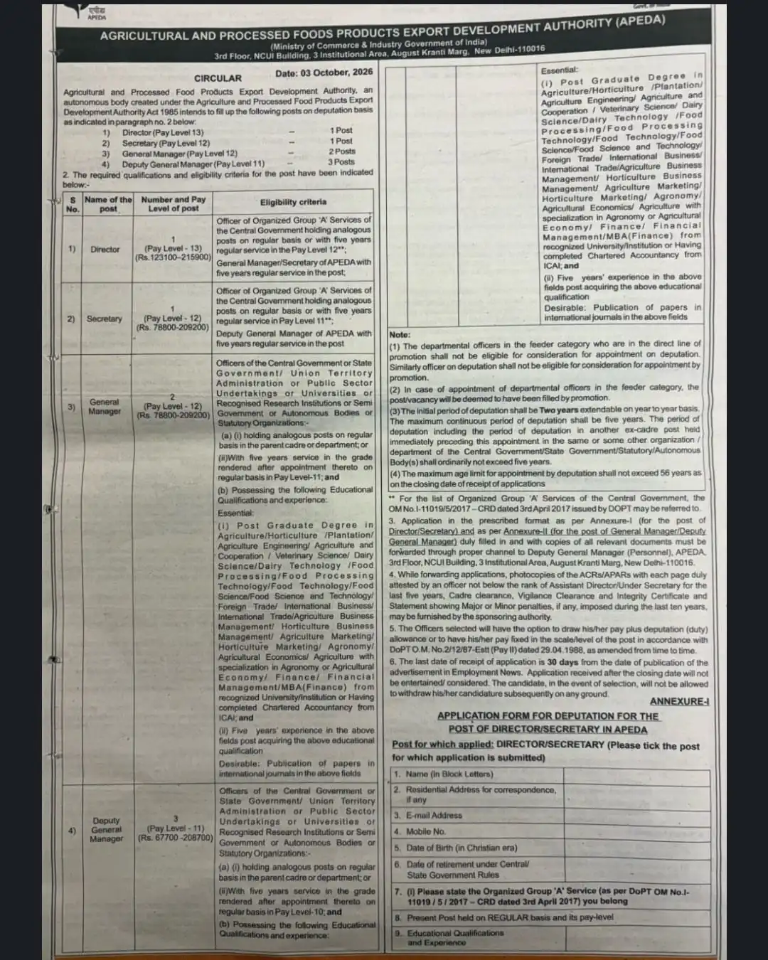 APEDA Recruitment 2026