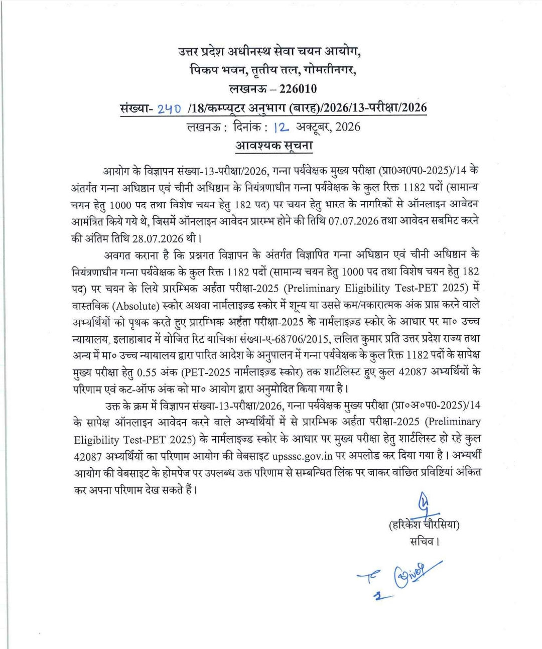 UPSSSC Sugarcane Supervisor Result 2026