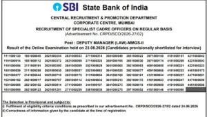 SBI SO Result 2026 Out for Law Officer, Download Post-wise Merit List PDF Here