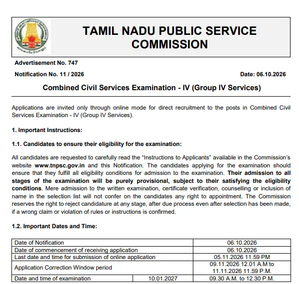 TNPSC Group 4 Exam Date 2026 Official Notice
