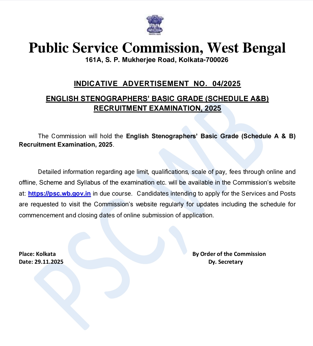 WBPSC Stenographer Recruitment 2026