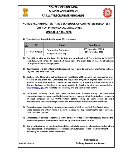 RRB Pharmacist Exam Date 2026 Notice