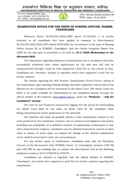 PGIMER Nursing Officer New Exam Date 2026