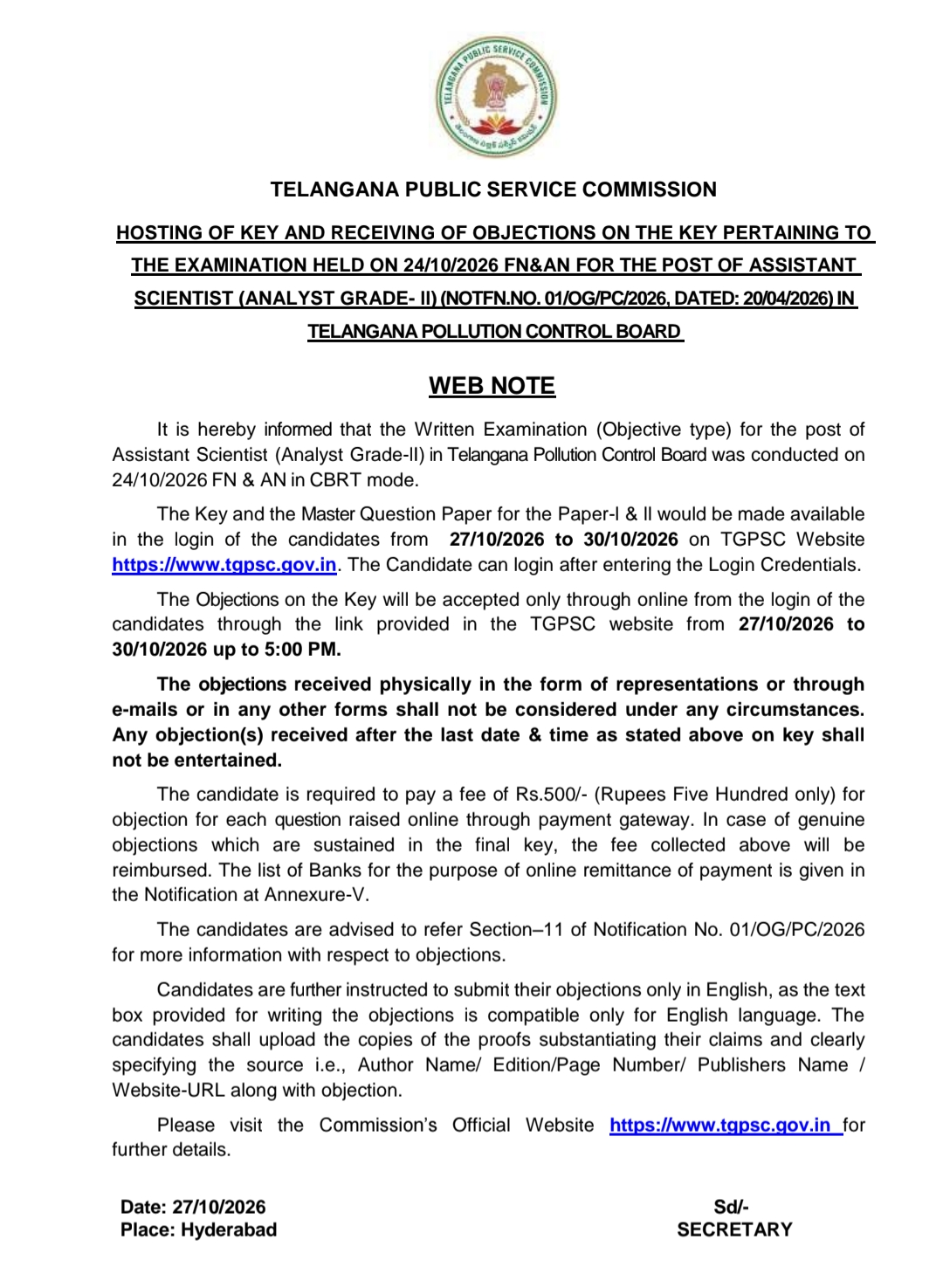 TGPSC Assistant Scientist Answer Key 2026