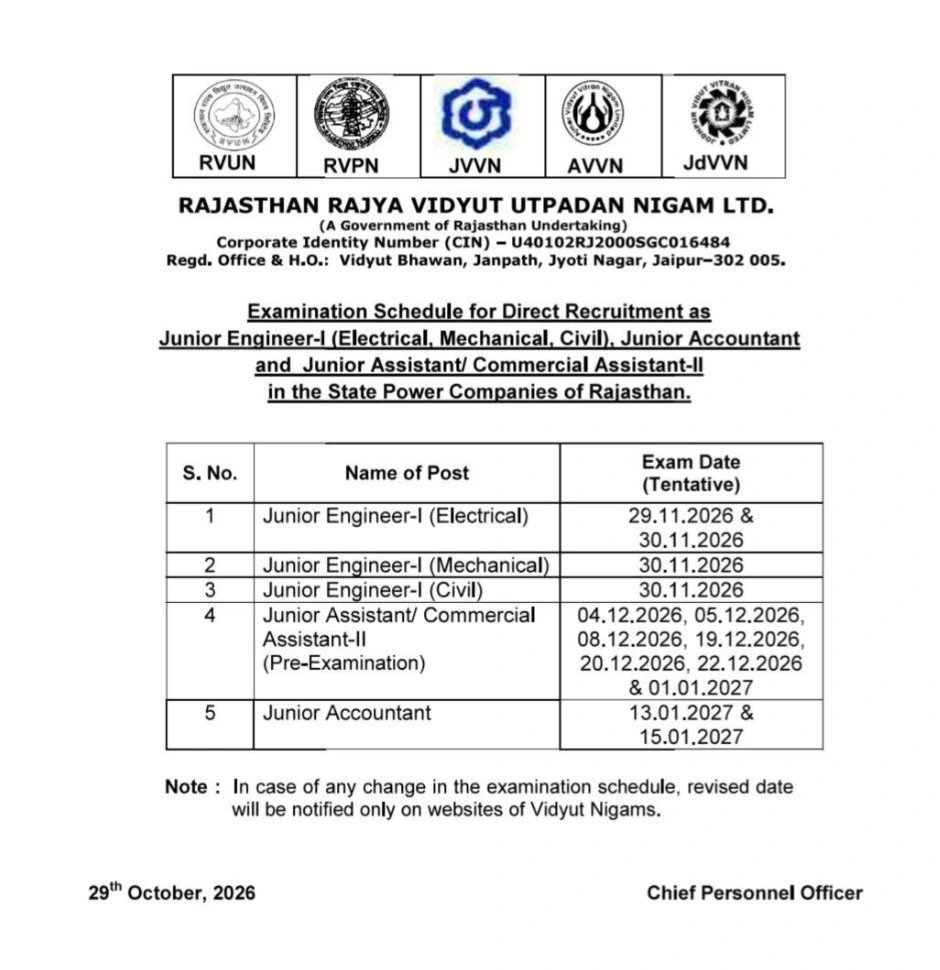 RVUNL Junior Assistant Exam Date 2026