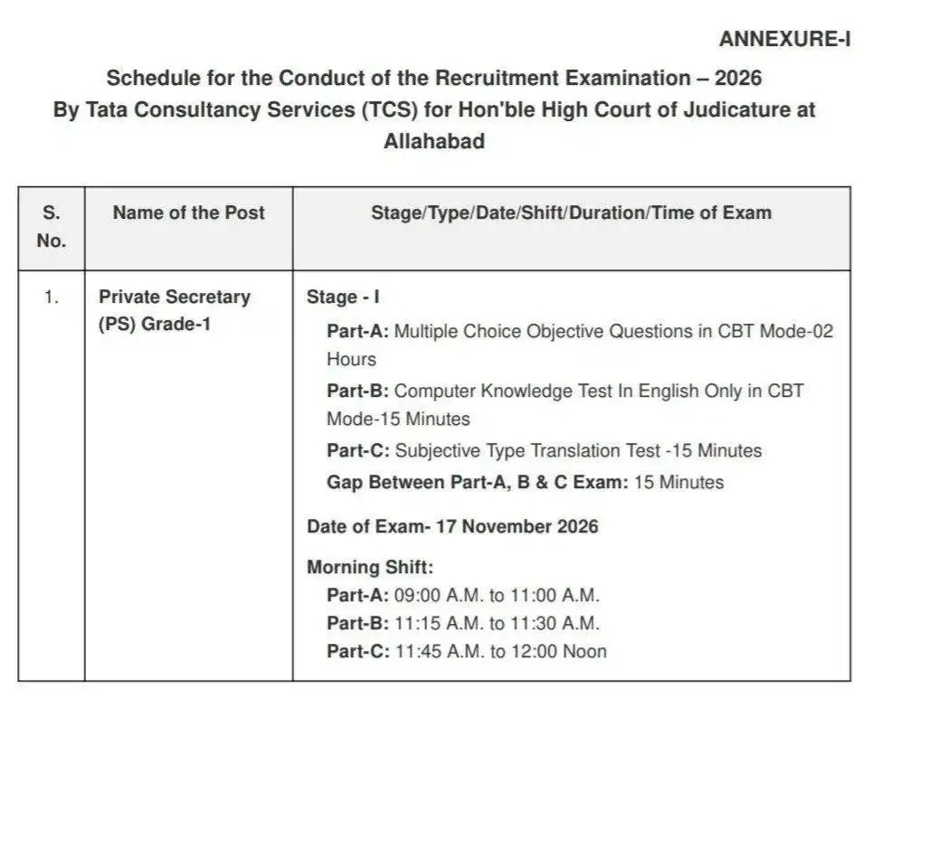 Allahabad High Court Private Secratary Exam Date 2026 